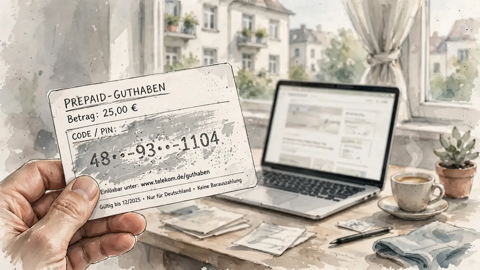 Hand hält einen Flexepin-Gutschein neben einem Laptop auf einem Schreibtisch.
