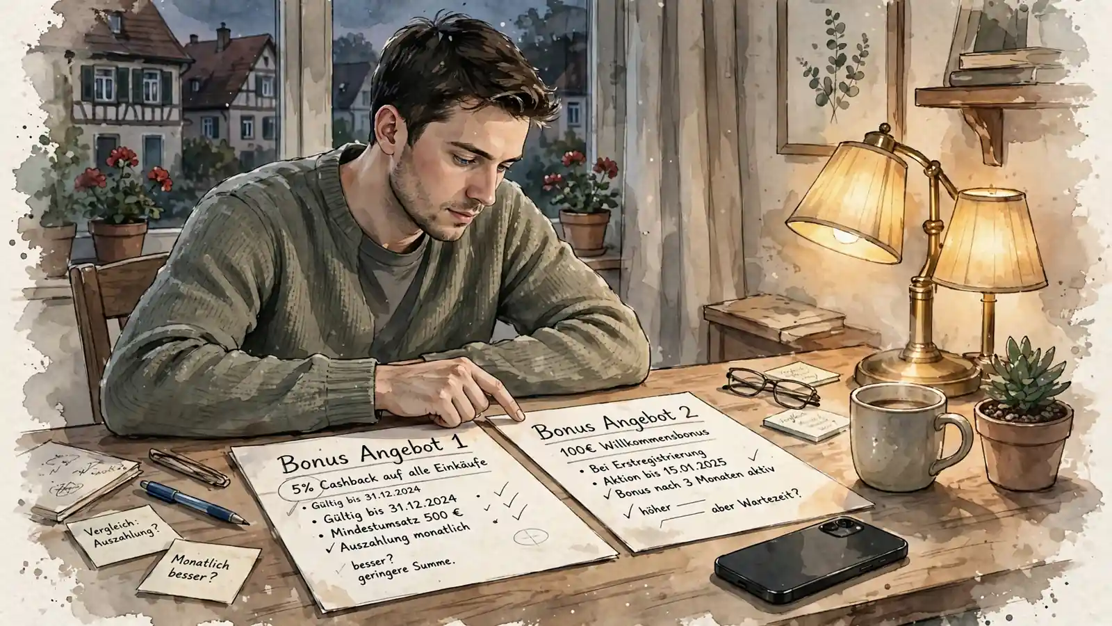 Junger Mann vergleicht abends Bonusangebote auf Papier am Schreibtisch.