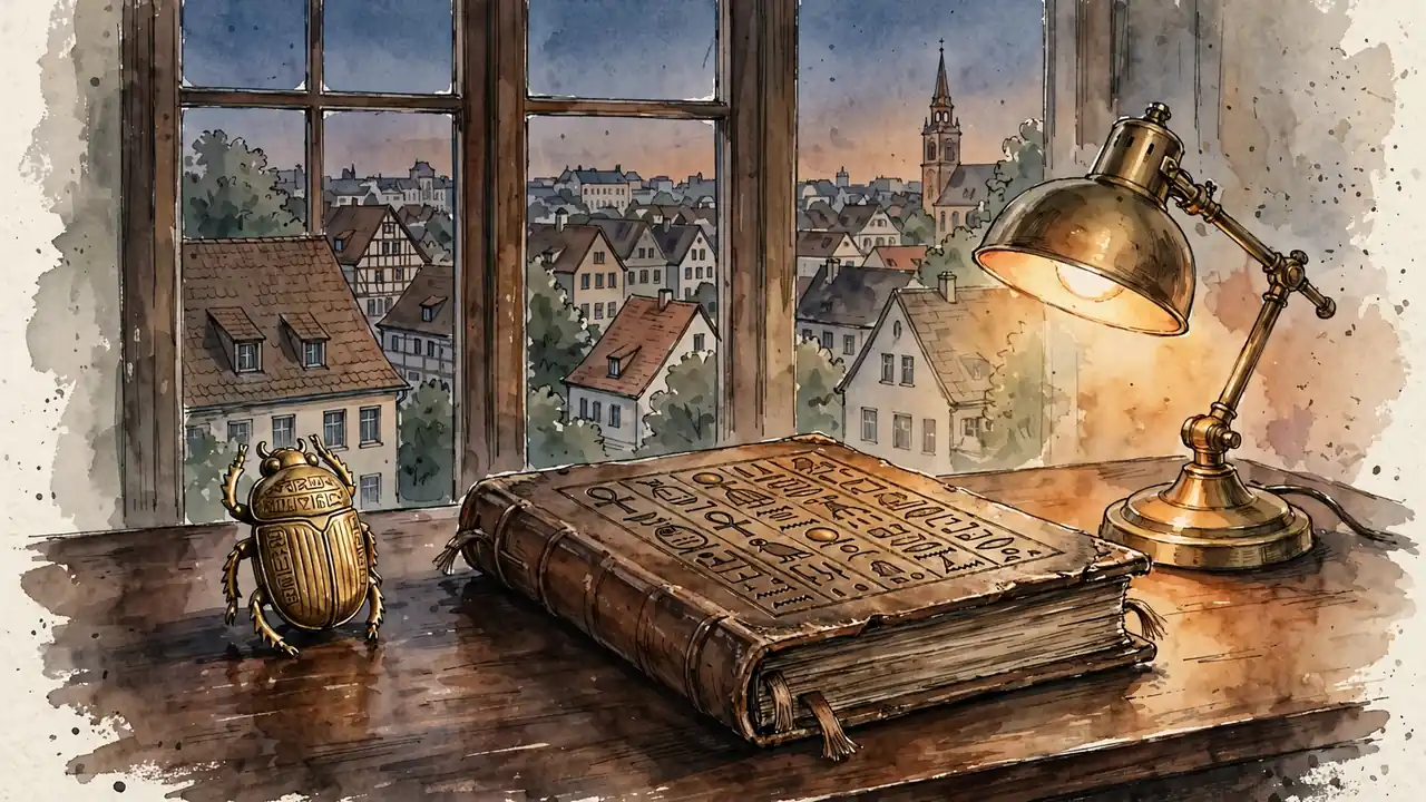 Goldener Skarabäus und antikes Buch mit Hieroglyphen auf einem Schreibtisch, warmes Lampenlicht, deutsche Stadtsilhouette mit Kirchturm im Hintergrund