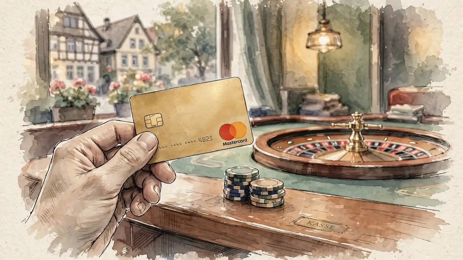 Hand hält Mastercard-Karte über Casino-Kassentisch mit Chips und Roulette