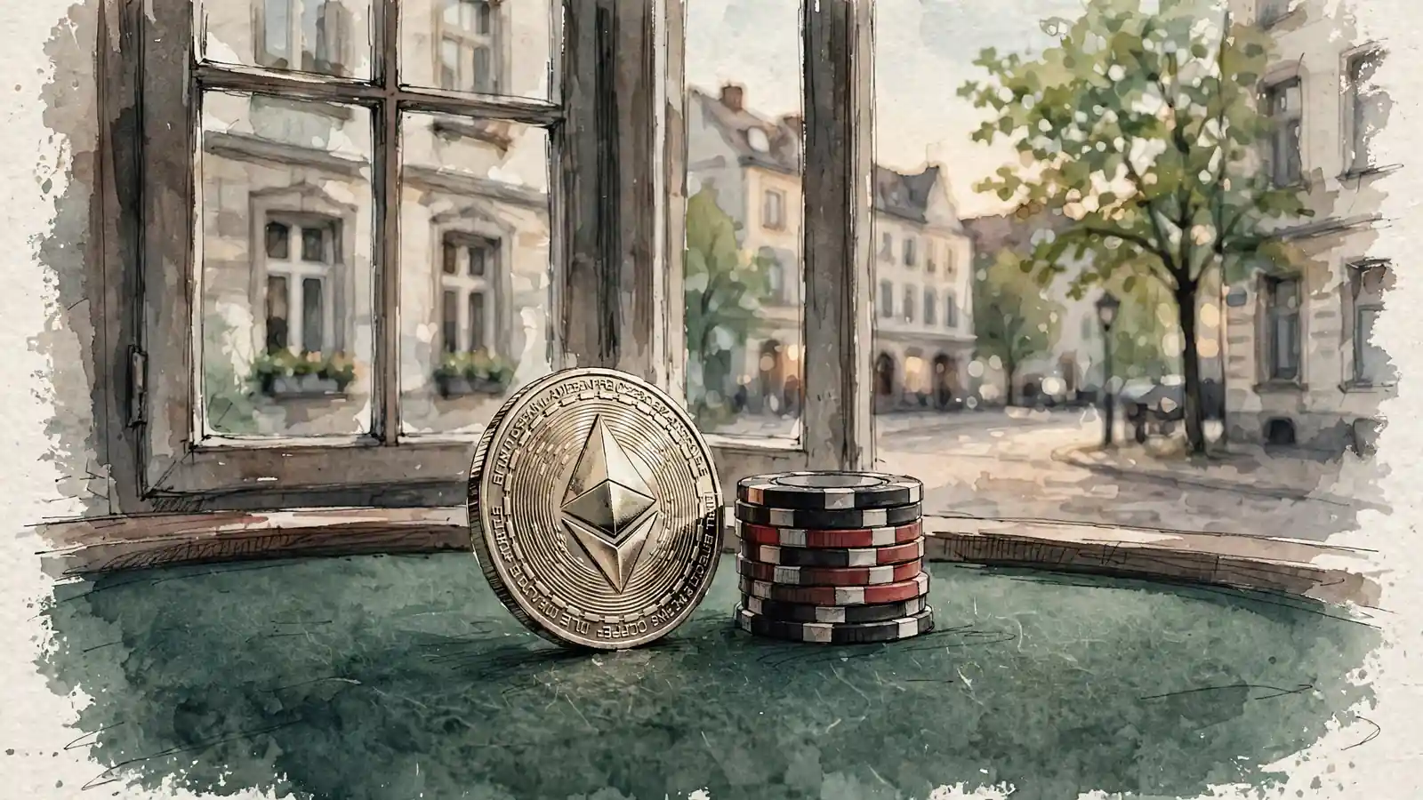 Ethereum-Münze und Casino-Chips auf einem Filztisch