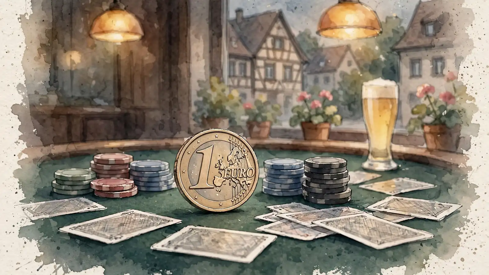 Eine Ein-Euro-Münze auf einem Casino-Tisch zwischen Pokerchips und Spielkarten