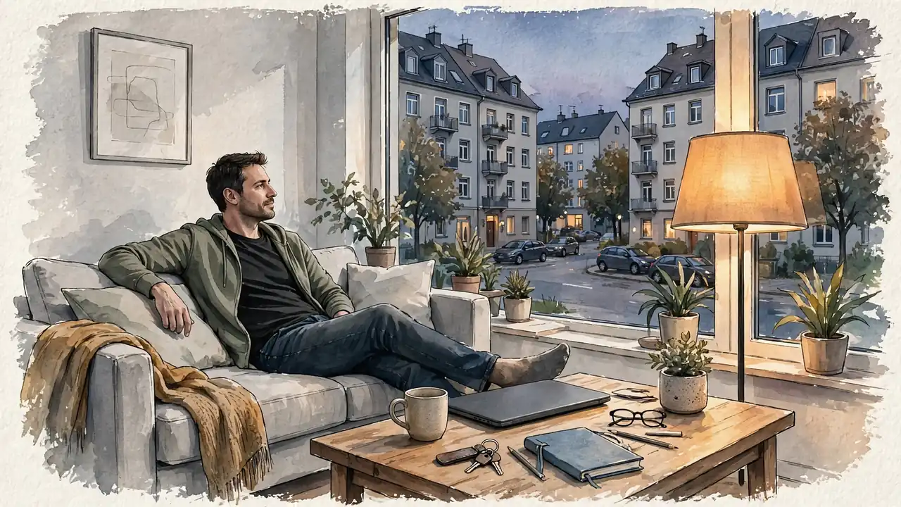 Moderne deutsche Wohnung am Abend, Mann entspannt auf Sofa neben geschlossenem Laptop und Kaffeetasse