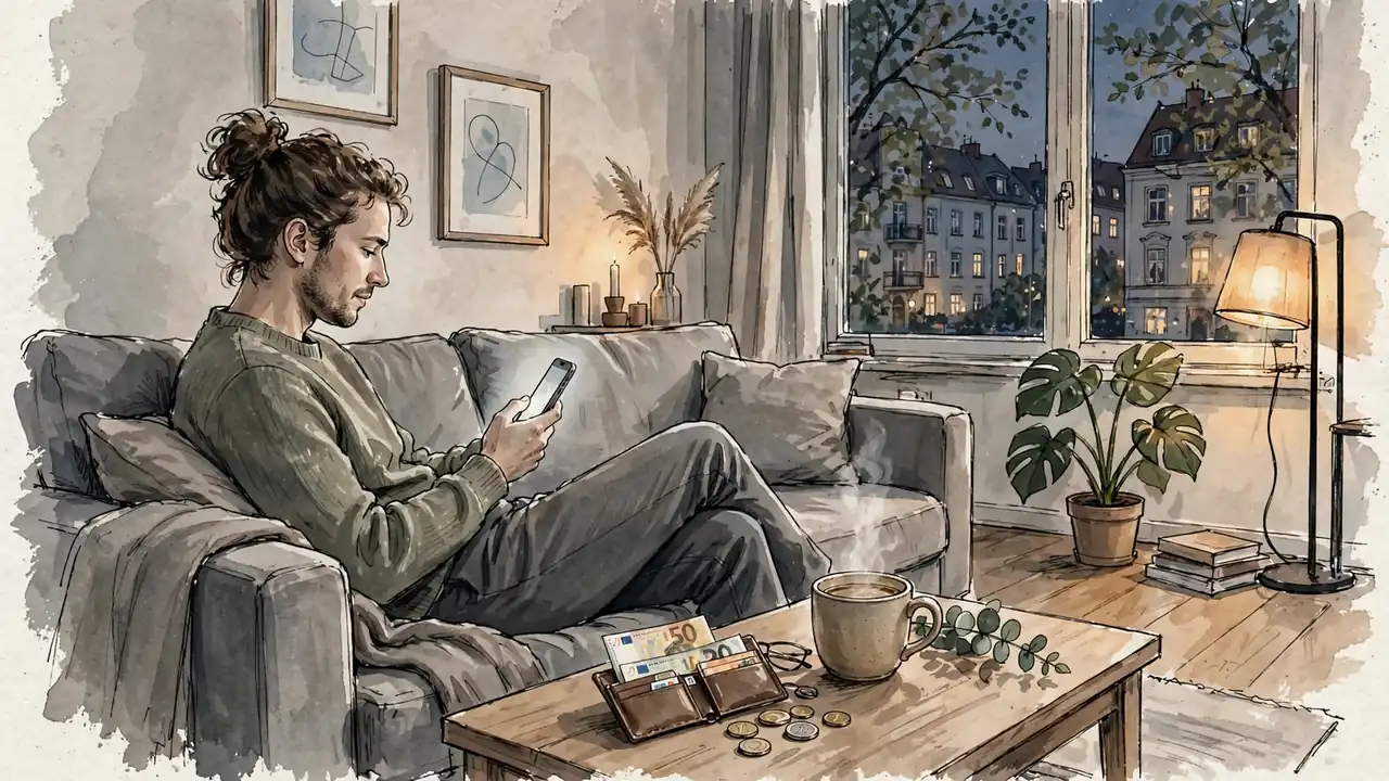 Person auf der Couch mit Smartphone, Geldbörse mit Euro auf dem Tisch, warmes Wohnzimmerlicht.