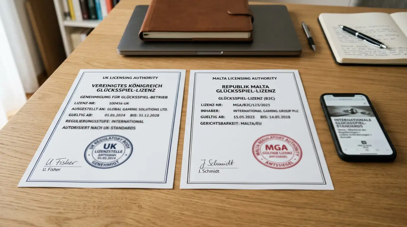 Internationale Glücksspiel-Lizenzen auf Schreibtisch mit UK- und Malta-Dokumenten