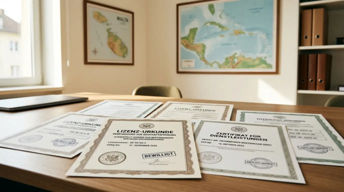 Offizielle Lizenzdokumente verschiedener Jurisdiktionen auf Schreibtisch
