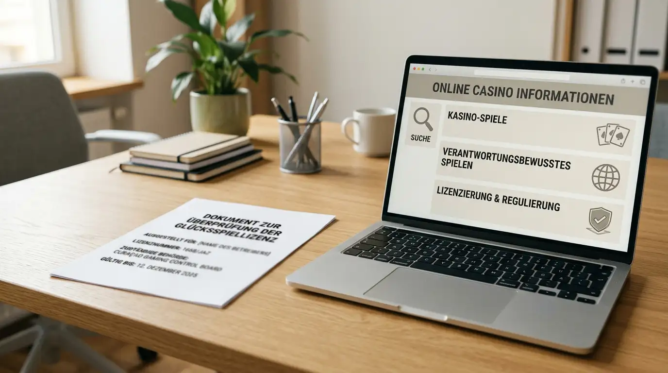 Laptop mit geöffneter Casino-Webseite und Curaçao-Lizenzdokument daneben