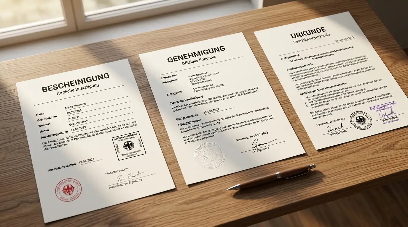 Offizielle Lizenzdokumente verschiedener Jurisdiktionen auf einem Schreibtisch