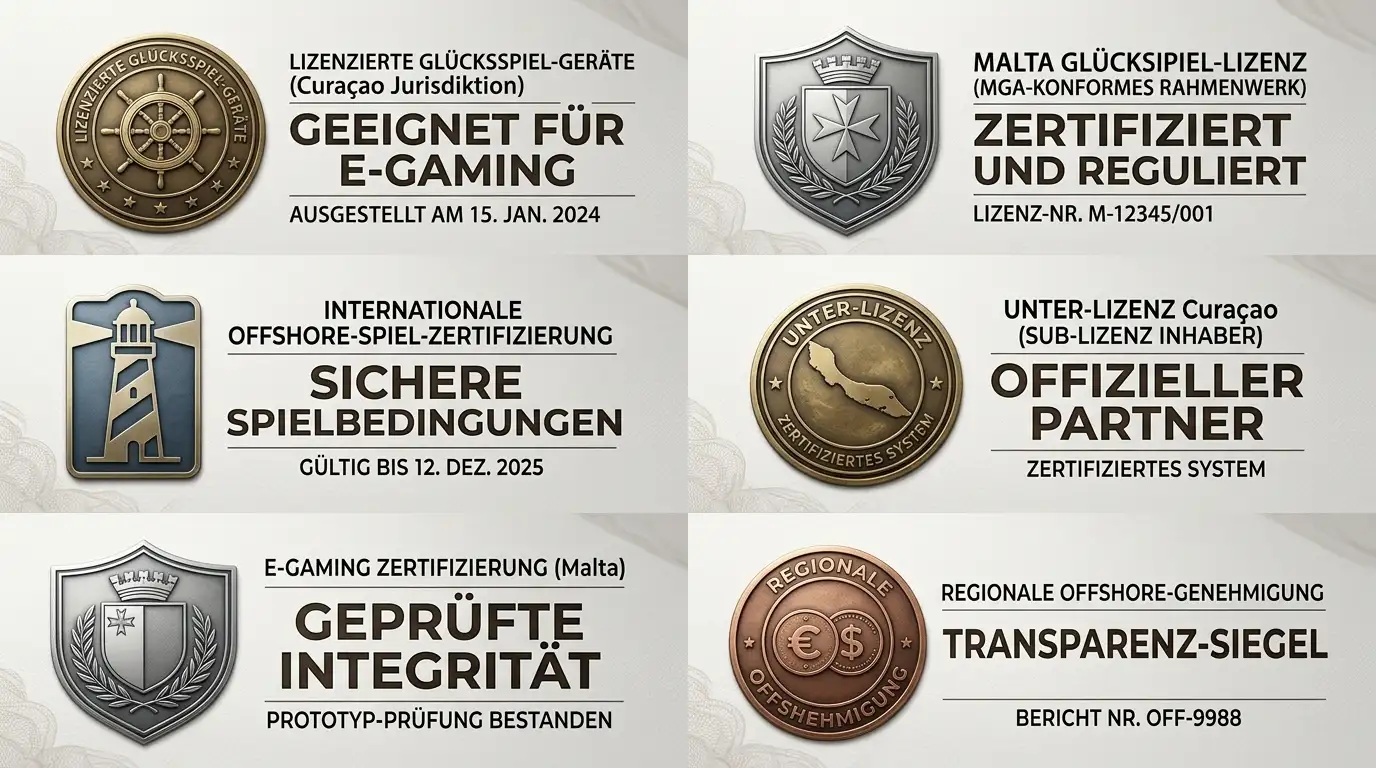 Collage aus Lizenzsiegeln verschiedener Jurisdiktionen: Curaçao, Malta, Anjouan