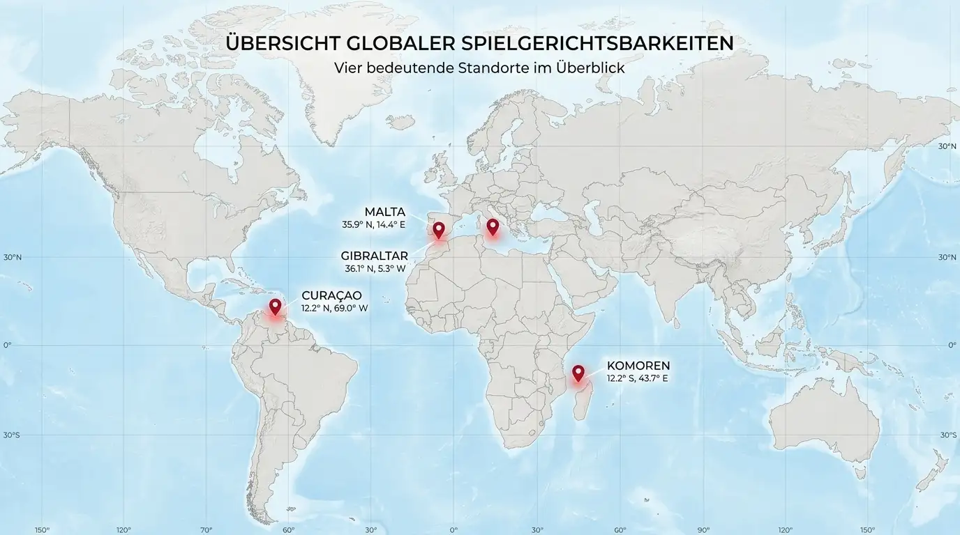 Weltkarte mit internationalen Casino-Lizenz-Jurisdiktionen markiert
