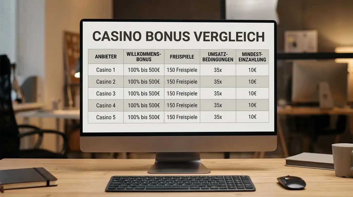 Vergleichstabelle mit fünf internationalen Casino-Anbietern und deren Freispiel-Angeboten auf einem Monitor