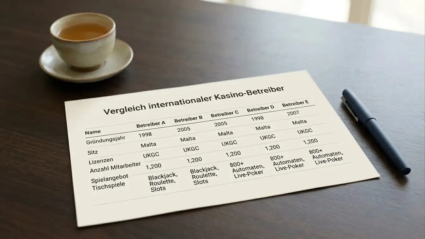Vergleichende Übersicht von fünf Casino-Lizenzen auf einem neutralen Dokument ohne Marken