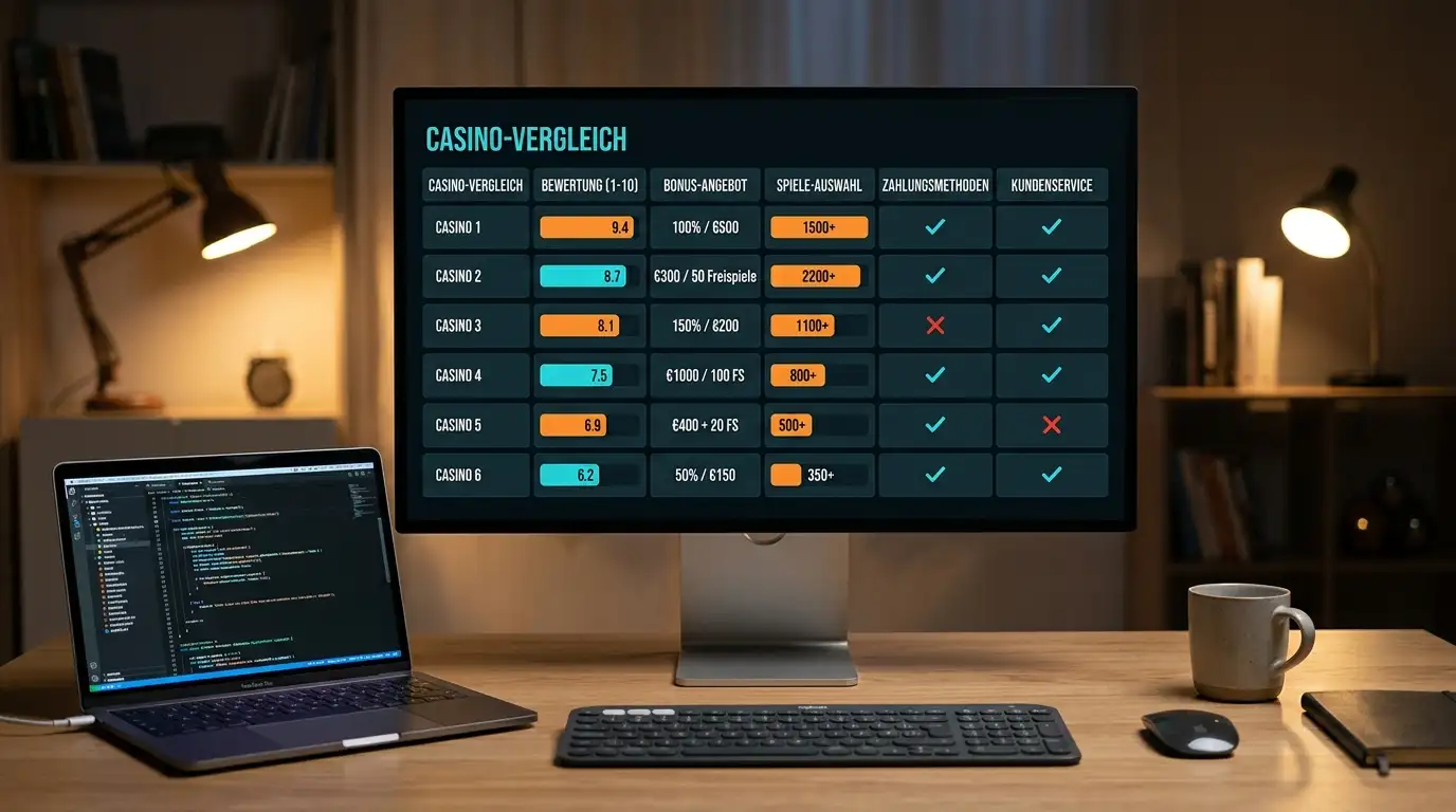 Vergleichstabelle internationaler Casinos auf Laptop-Bildschirm mit abstrakten Bewertungskriterien