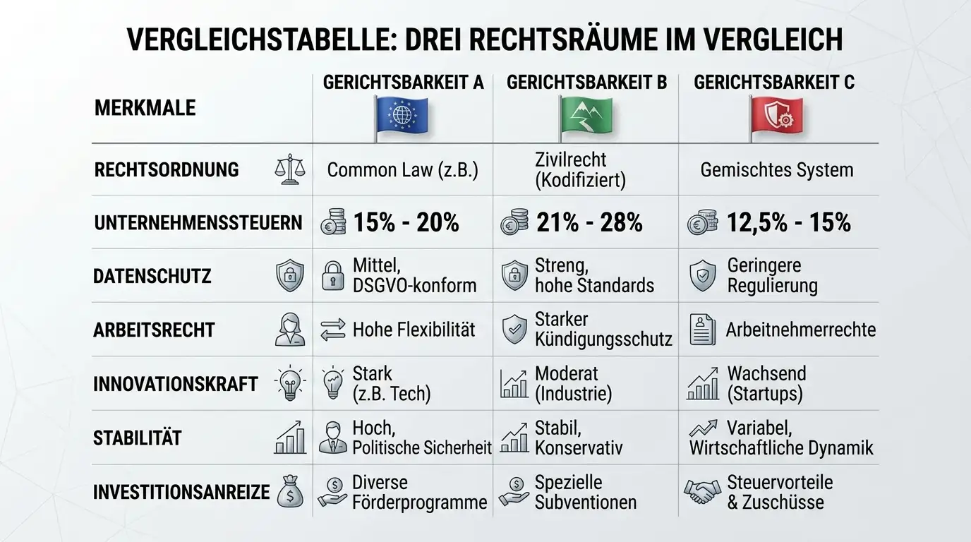 Vergleichstabelle dreier Glücksspiel-Jurisdiktionen mit neutralen Flaggensymbolen