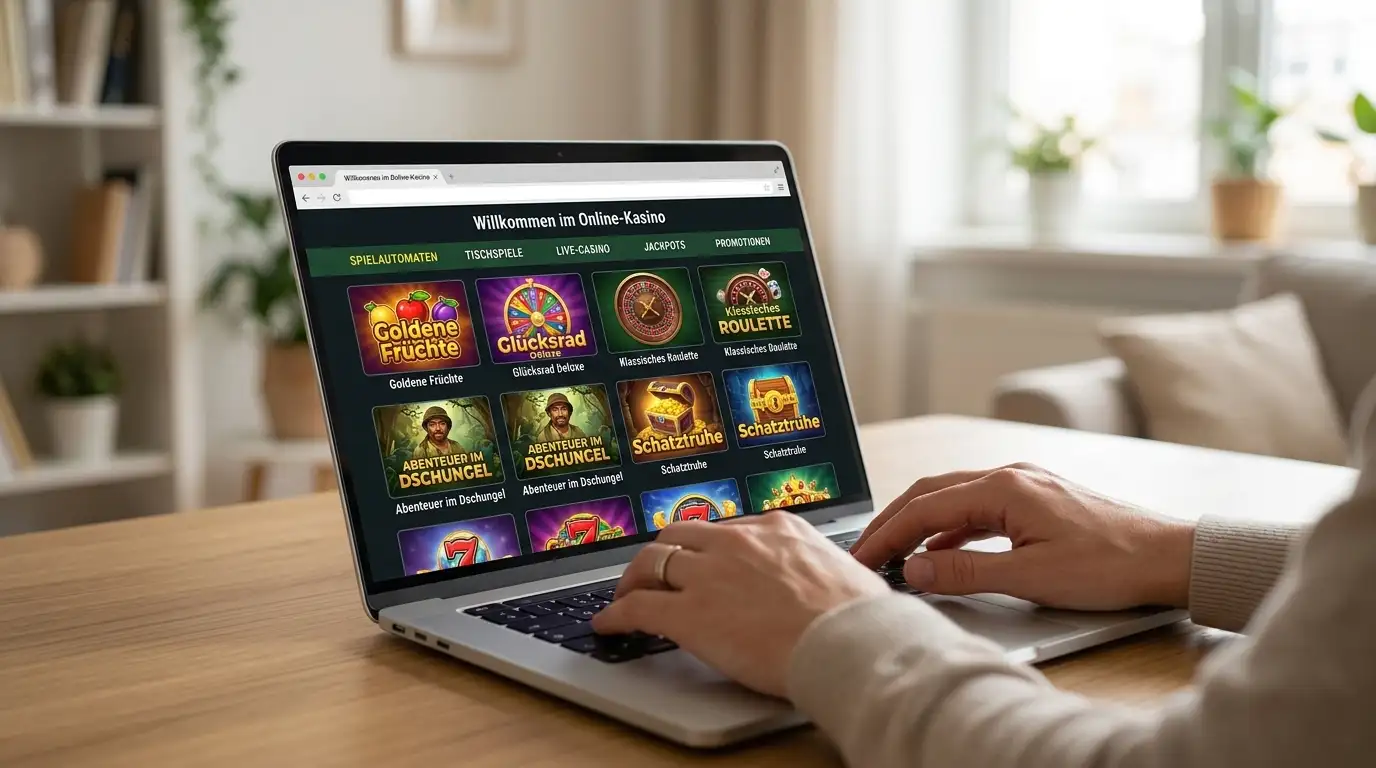 Laptop mit Casino-Website auf dem Bildschirm in häuslichem Arbeitszimmer