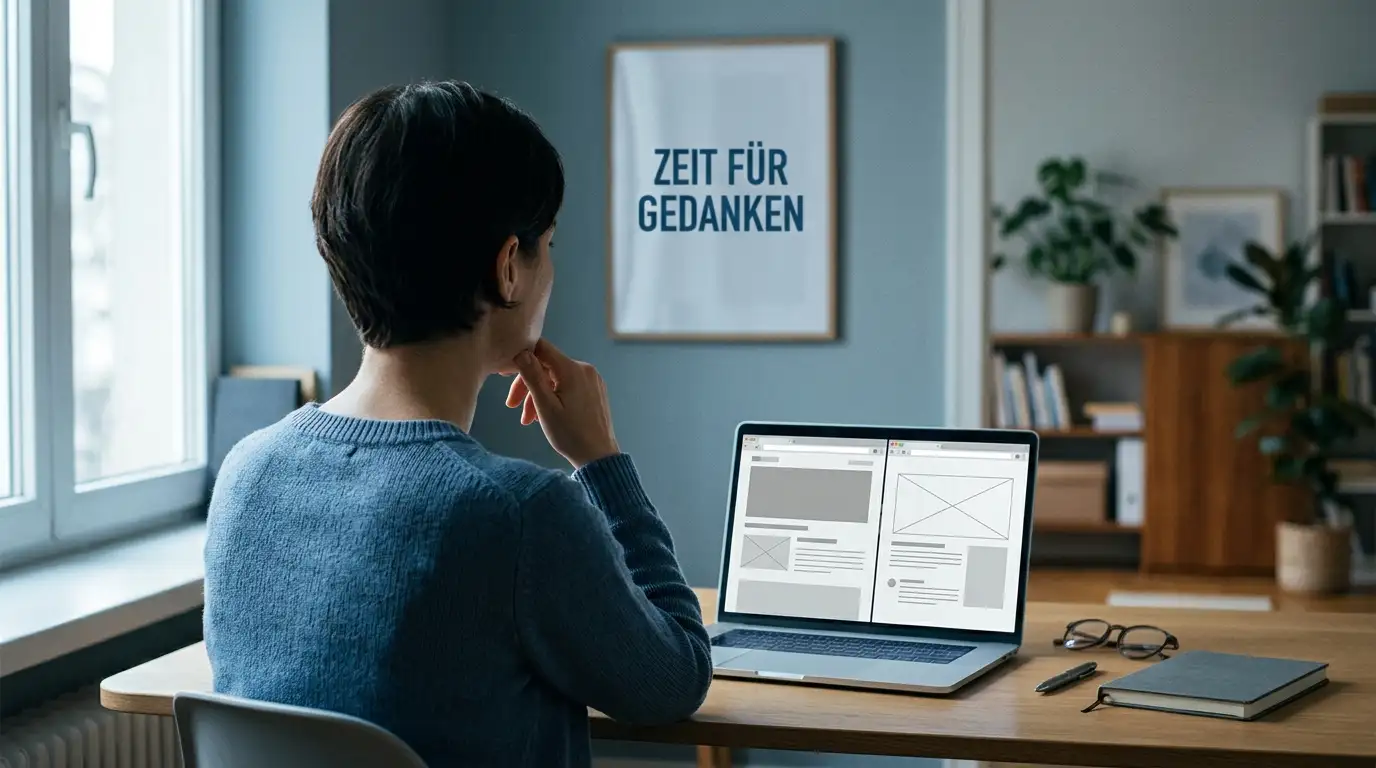 Person am Laptop mit nachdenklichem Blick zwischen zwei Browserfenstern mit neutralen Oberflächen