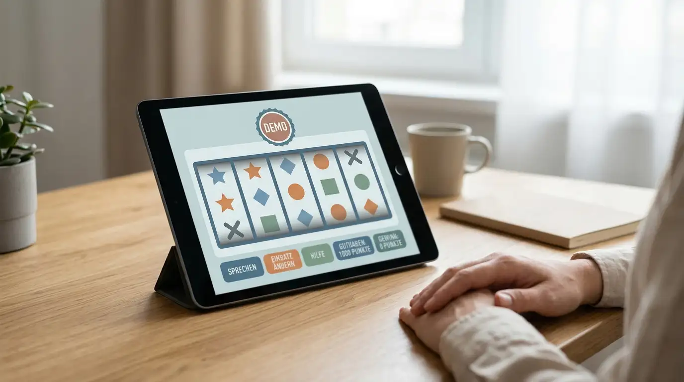 Tablet mit abstrakter Slot-Oberfläche und Demo-Badge auf neutralem Schreibtisch