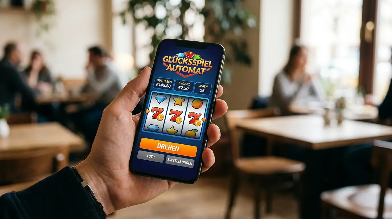 Smartphone in einer Hand mit abstrakter Slot-Oberfläche und generischem Euro-Symbol auf dem Display