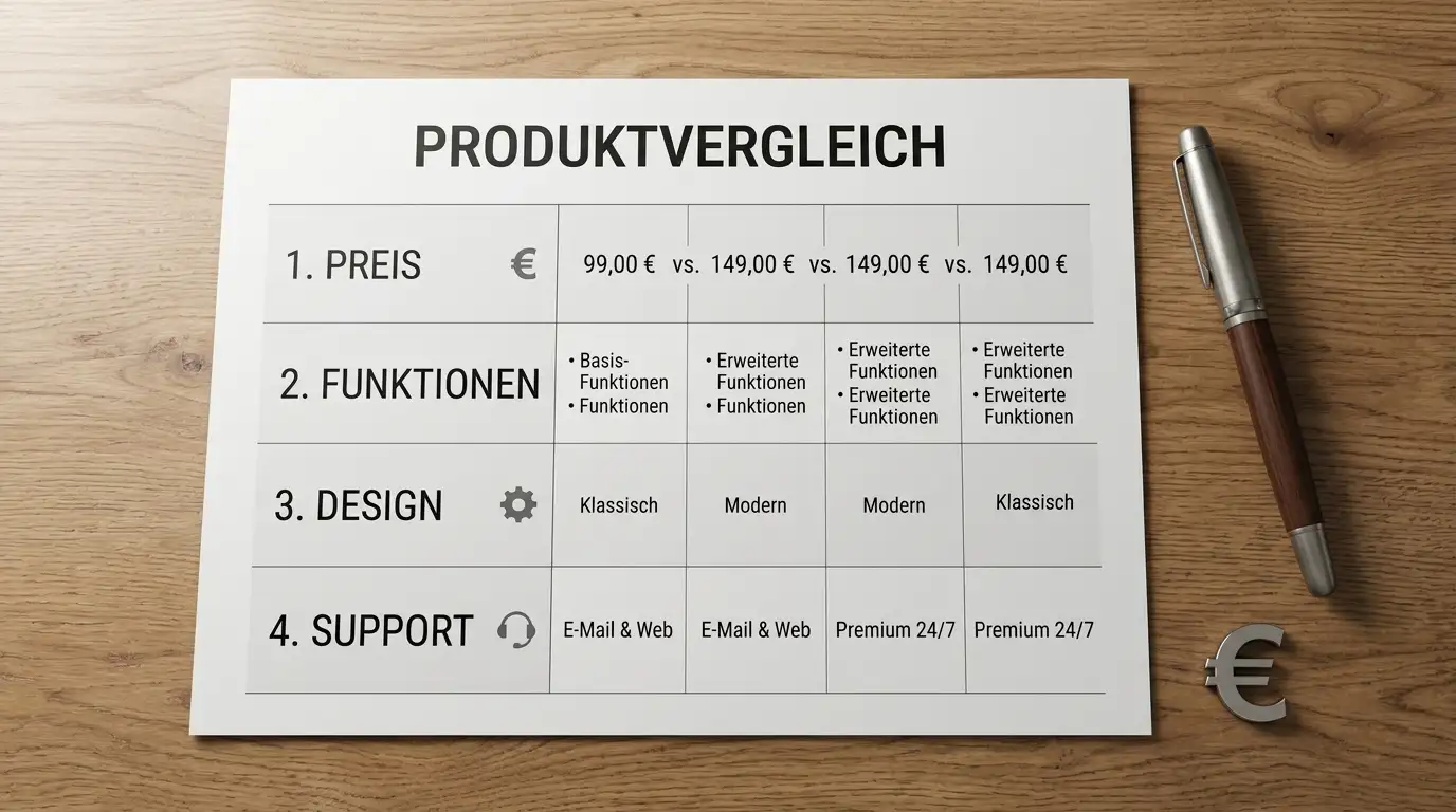 Vergleichsliste mit vier Jackpot-Typen auf einem Schreibtisch neben Füllfederhalter und Euro-Münzsymbol