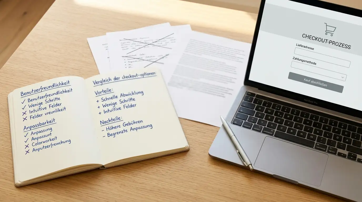 Notizbuch mit Vergleichsnotizen neben einem Laptop mit neutraler Kassenansicht auf einem Schreibtisch