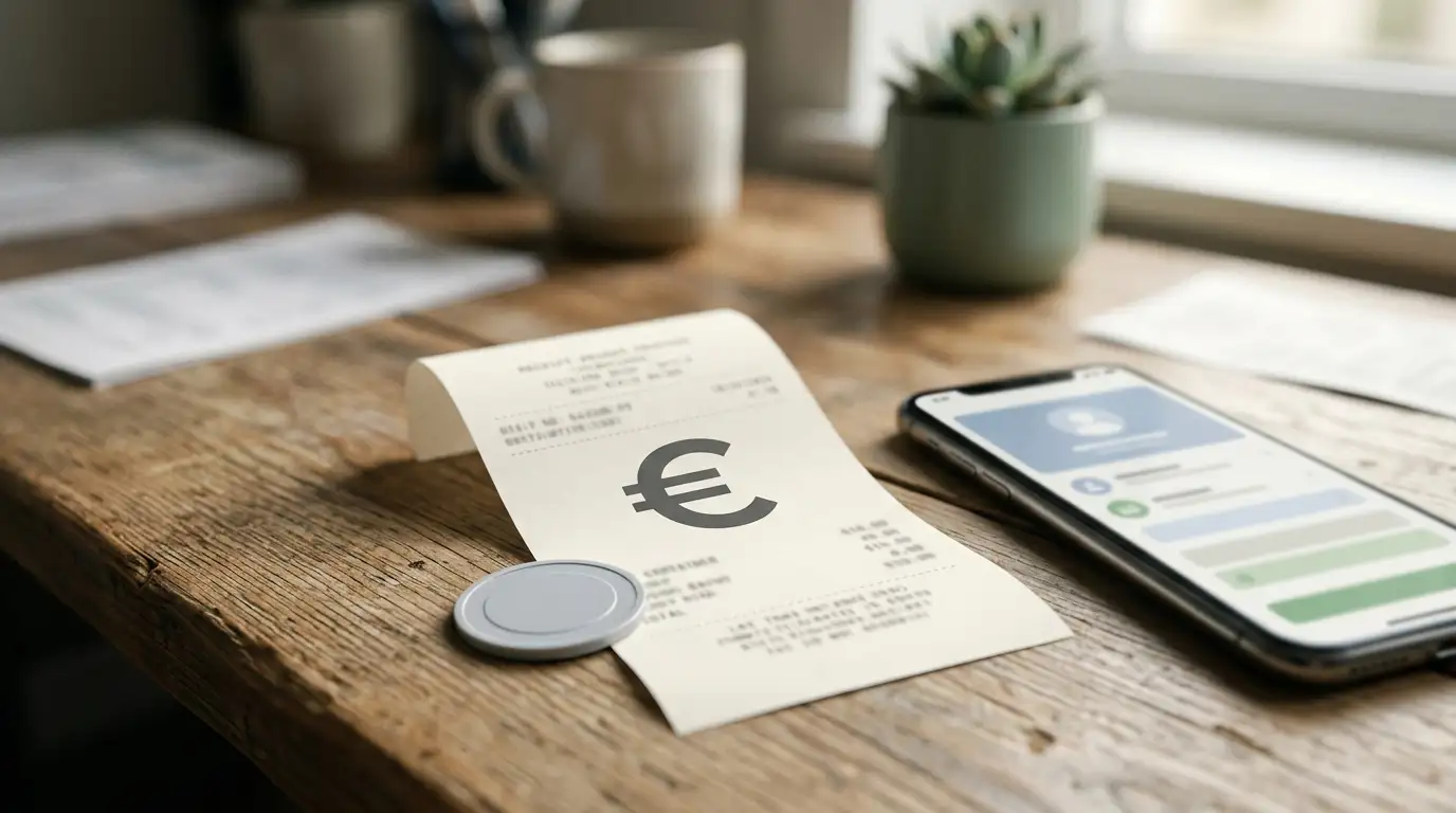 Neutraler Belegzettel mit Euro-Symbol neben einem Smartphone mit App-Ansicht auf einem Schreibtisch