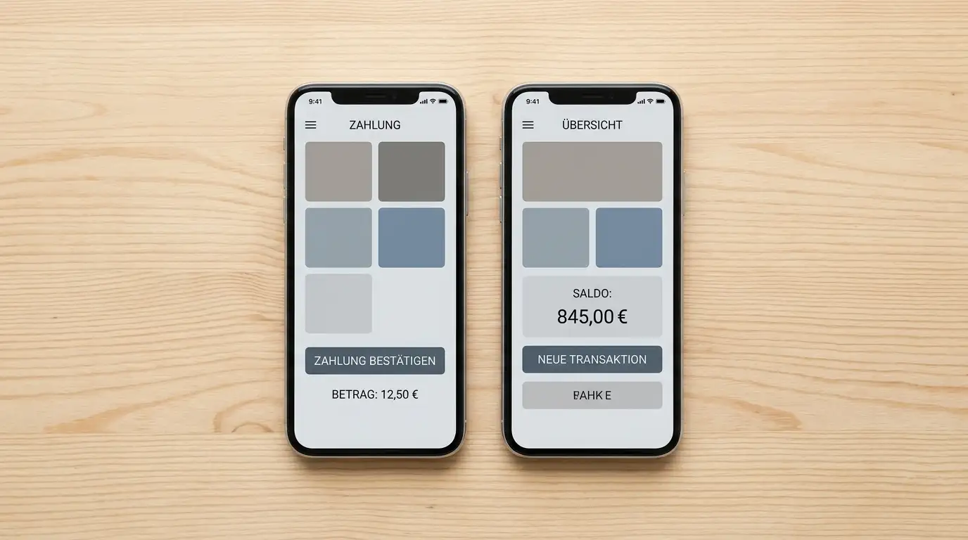 Zwei Smartphones zeigen unterschiedliche Zahlungs-Apps nebeneinander auf einem hellen Untergrund