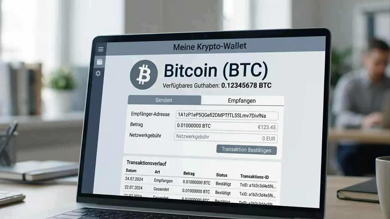 Bitcoin-Symbol auf Bildschirm mit Wallet-Interface im Hintergrund