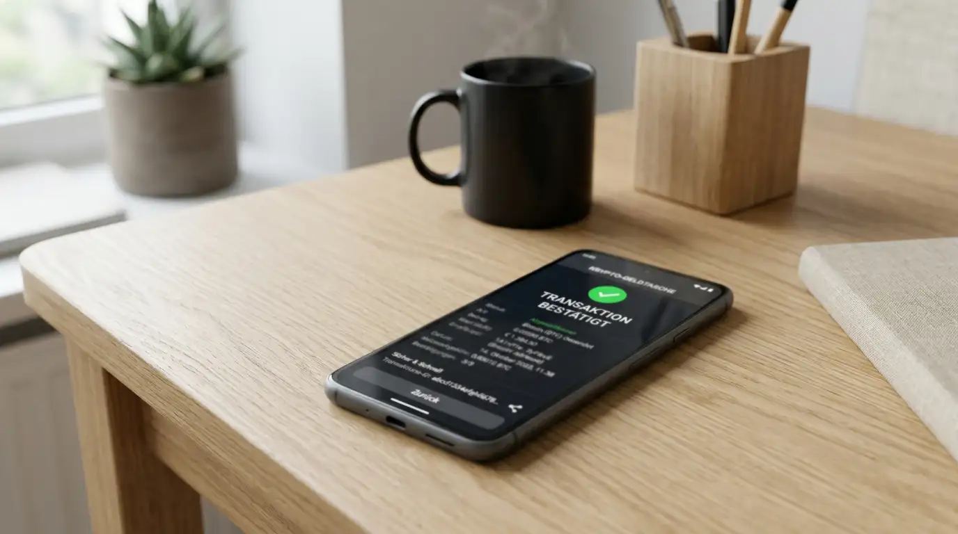Smartphone mit Krypto-Wallet und Bitcoin-Transaktionsbestätigung