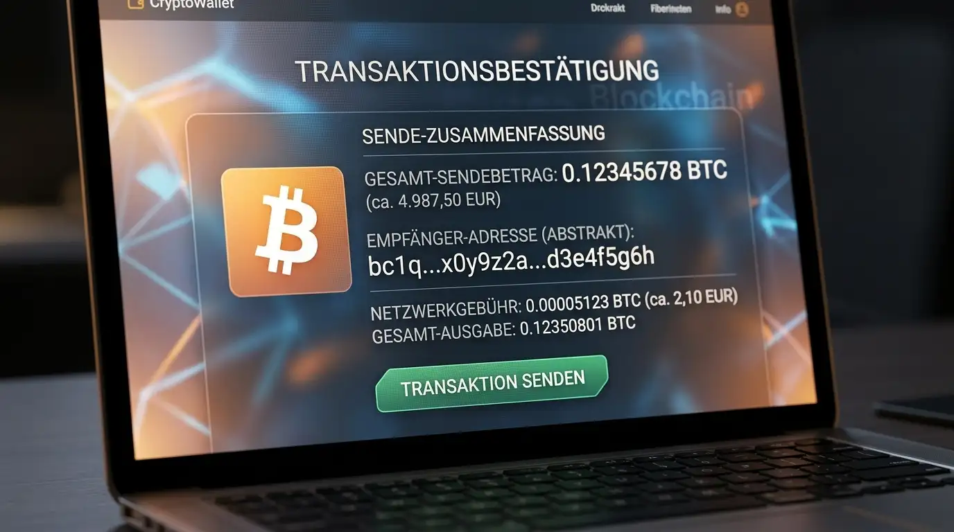 Bildschirm mit Bitcoin-Wallet-Interface und Auszahlungsbestätigung