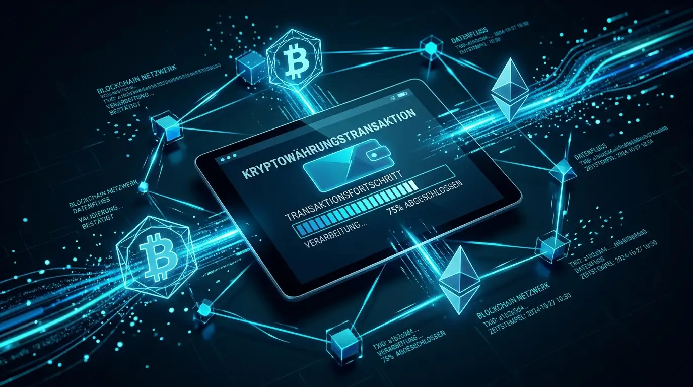 Krypto-Transaktion auf Tablet mit Blockchain-Netzwerk-Visualisierung