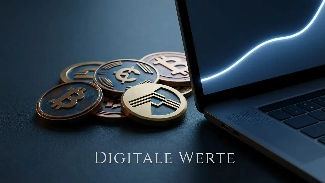 Abstrakte Darstellung von Kryptowährungs-Symbolen neben einem Laptop-Bildschirm