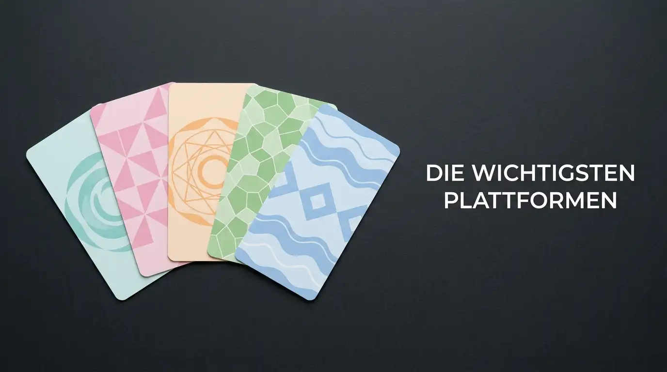 Fünf abstrakte Plattform-Karten auf dunklem Untergrund