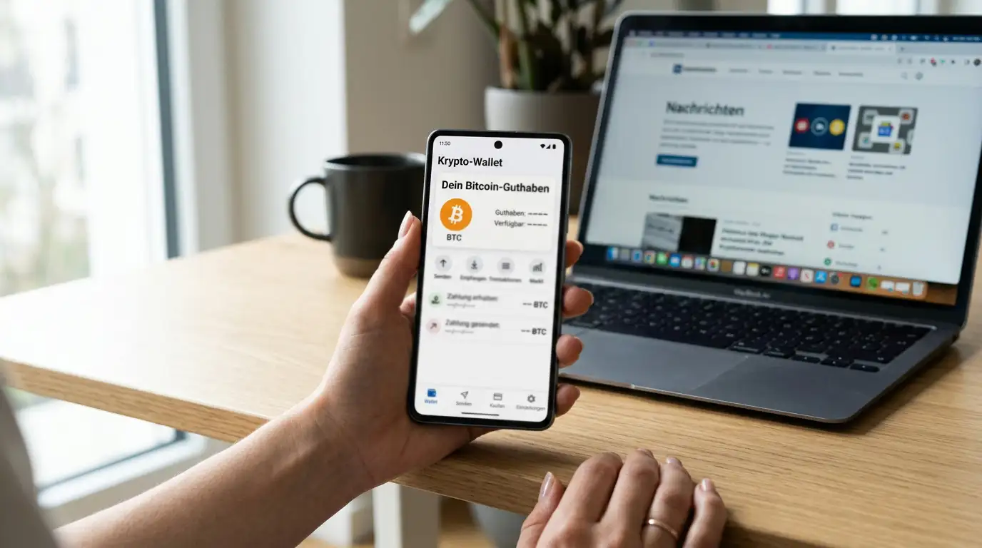 Smartphone mit Krypto-Wallet und Bitcoin-Symbol