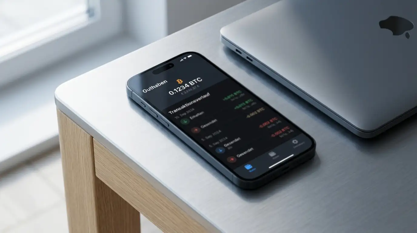 Smartphone mit Krypto-Wallet und Bitcoin-Transaktionsübersicht