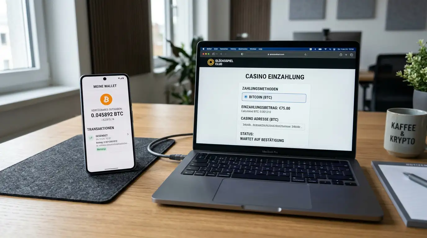 Bitcoin-Wallet auf Smartphone neben Laptop mit Casino-Interface