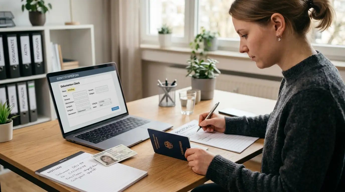Person am Schreibtisch mit Ausweisdokument und Laptop bei Verifizierung