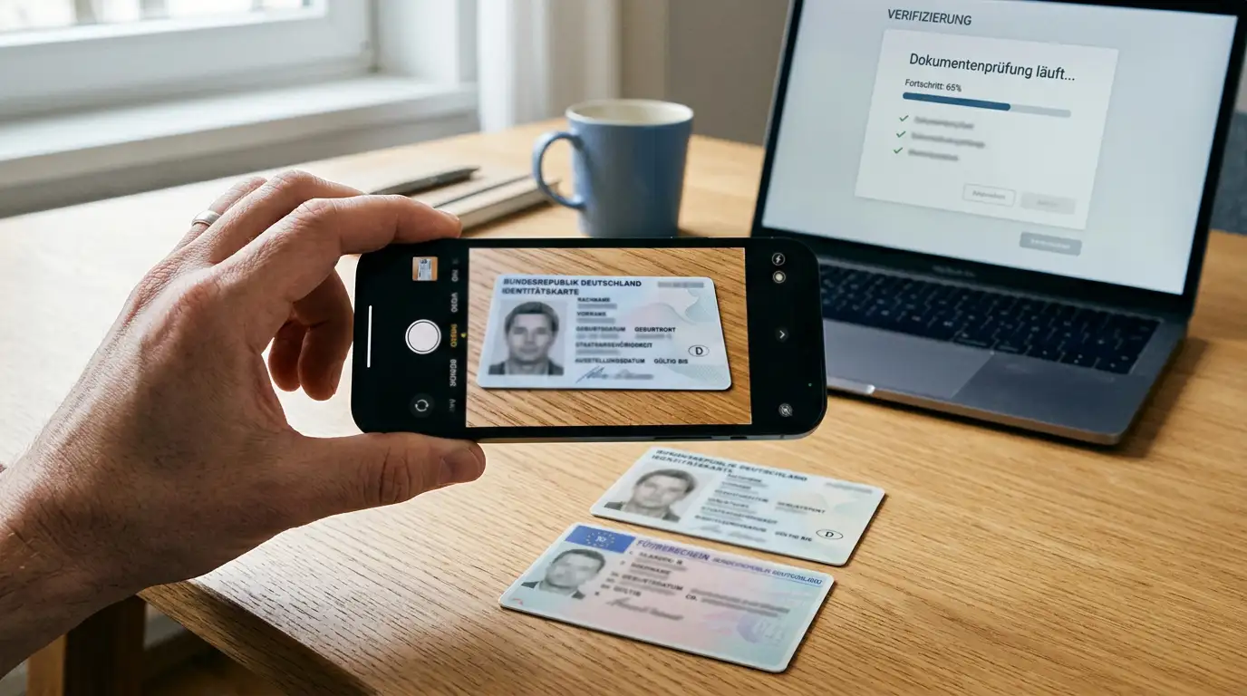 Smartphone mit neutralen Ausweisdokumenten zur Verifizierung vor der Auszahlung