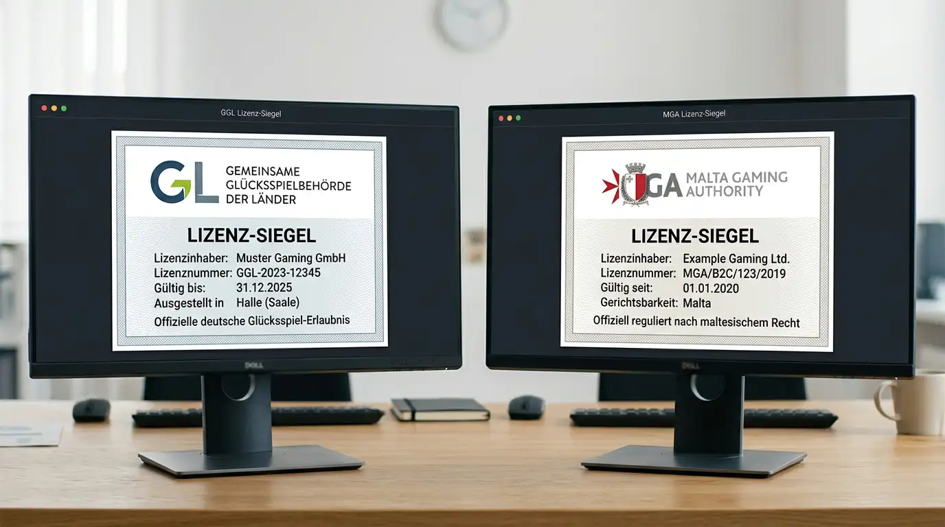 Gegenüberstellung: GGL-Lizenz-Siegel vs. Malta-MGA-Siegel auf zwei Monitoren