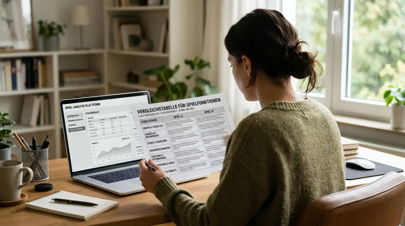 Person am Schreibtisch mit Vergleichschart und Laptop