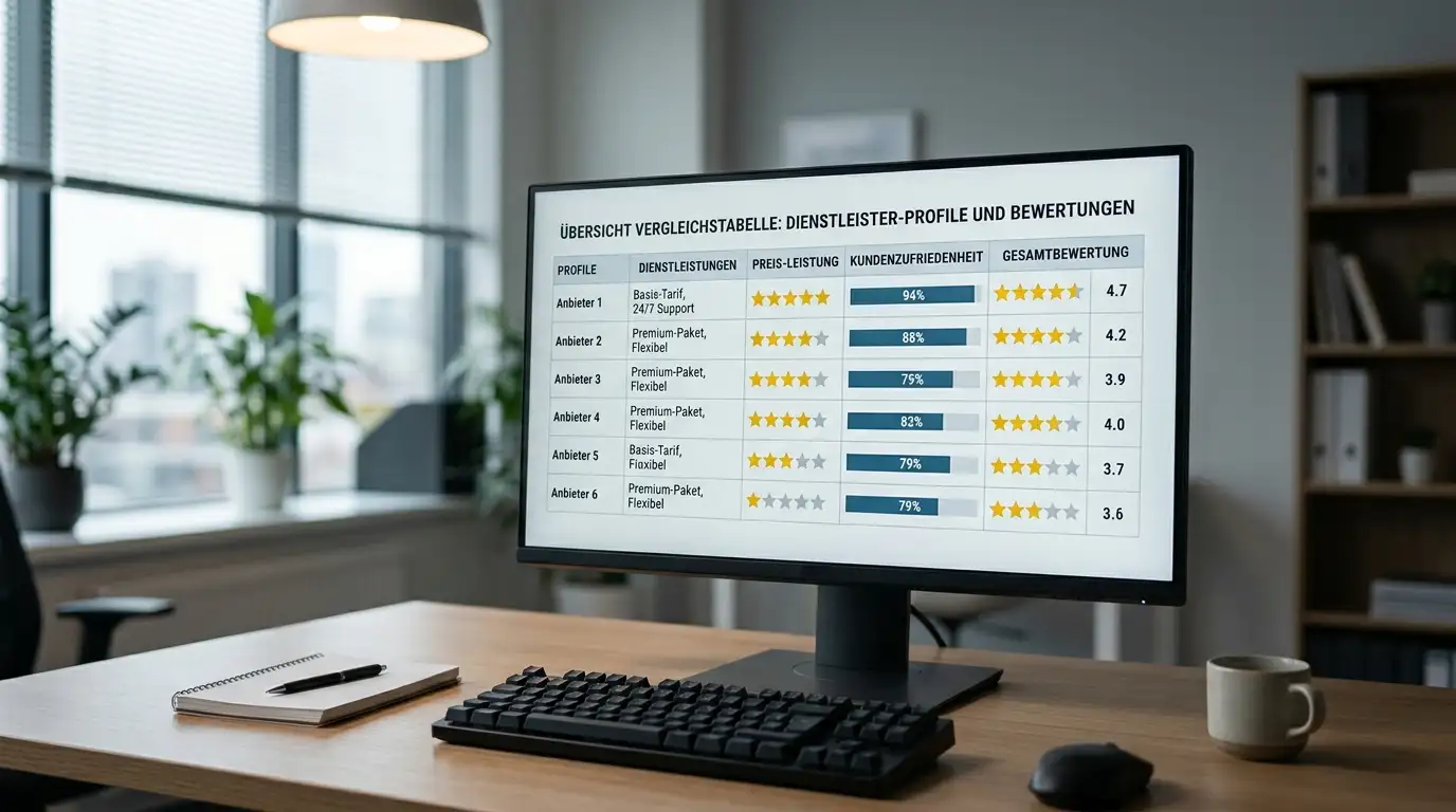 Vergleichsdokument auf einem Monitor mit anonymisierten Anbieterprofilen und Bewertungstabellen, cleanes Büro-Setup