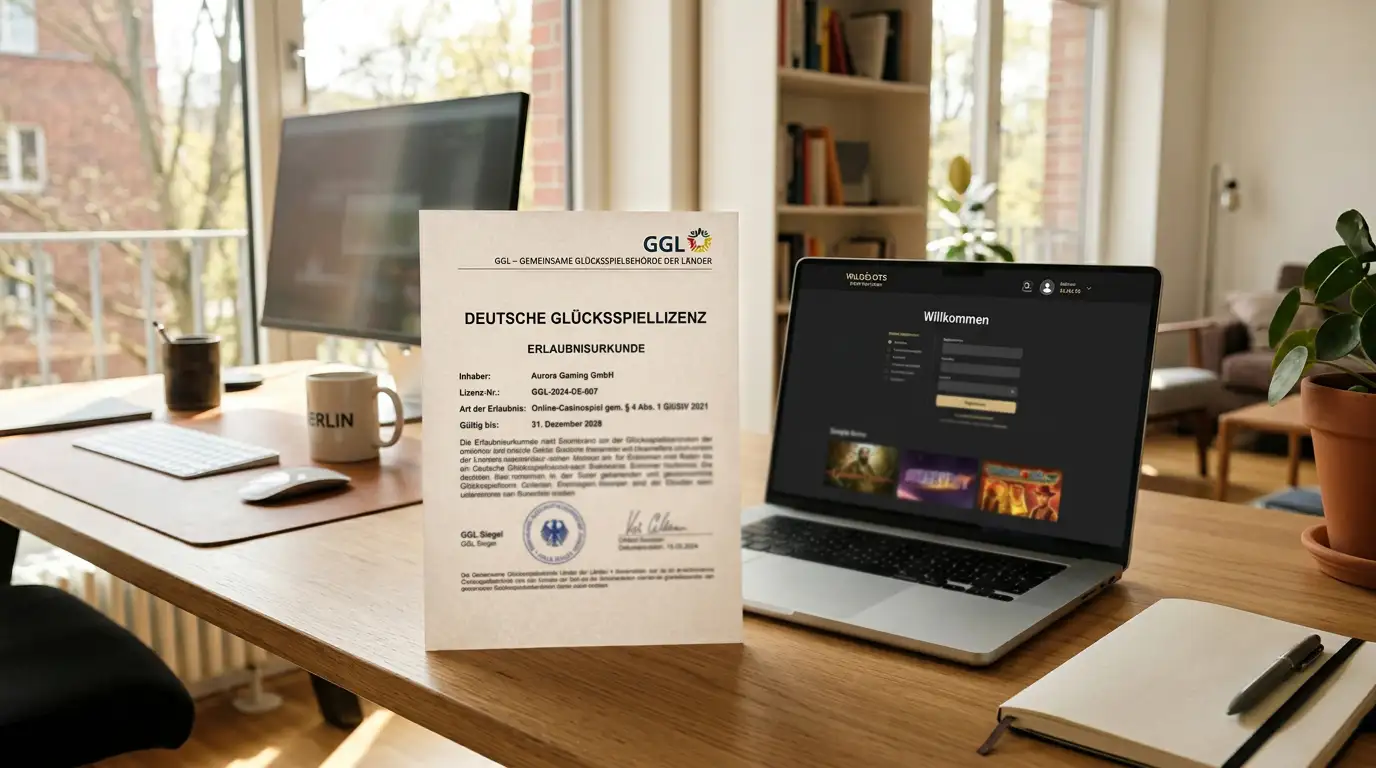 Modernes Büro mit deutschem Lizenzdokument und Laptop auf einem Schreibtisch