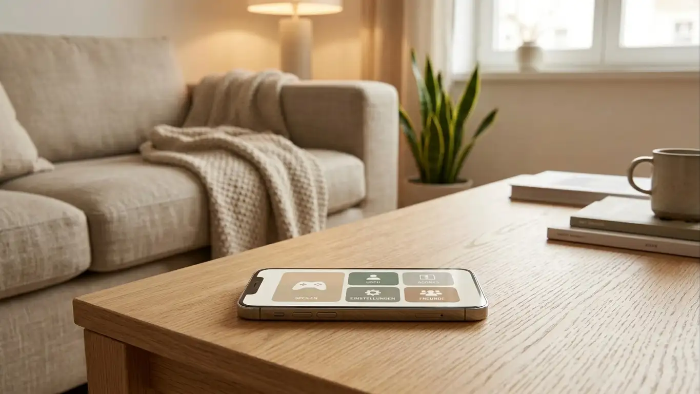Smartphone auf einem Schreibtisch mit neutraler Casino-Spiellobby und abstrakten Bonussymbolen auf dem Bildschirm