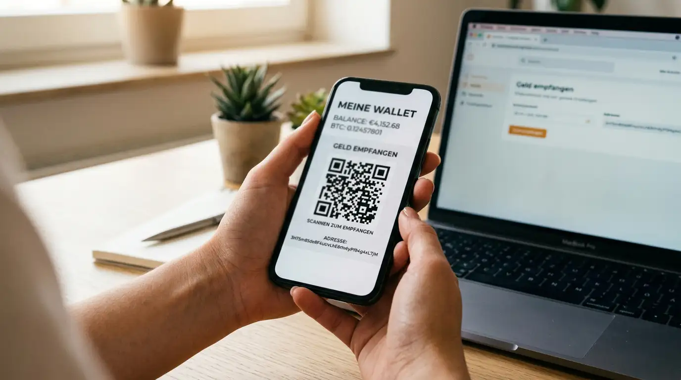 Smartphone mit Litecoin-Wallet und QR-Code für die Casino-Einzahlung