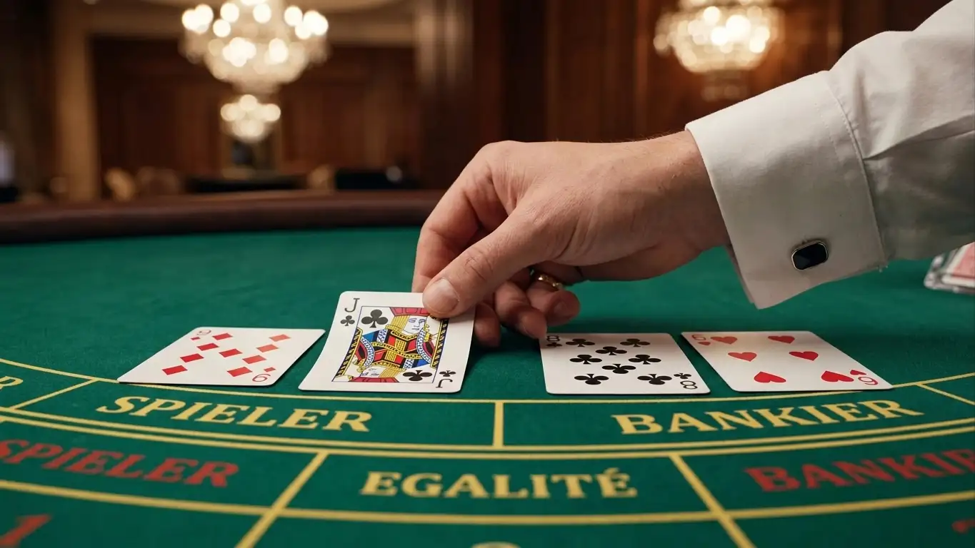 Nahaufnahme von Baccarat-Karten auf grünem Casino-Tisch