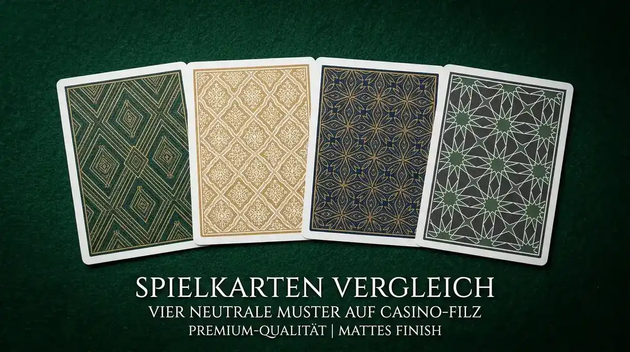 Vier Casino-Karten mit neutralem Rückenmuster nebeneinander auf dunklem Filz ausgelegt