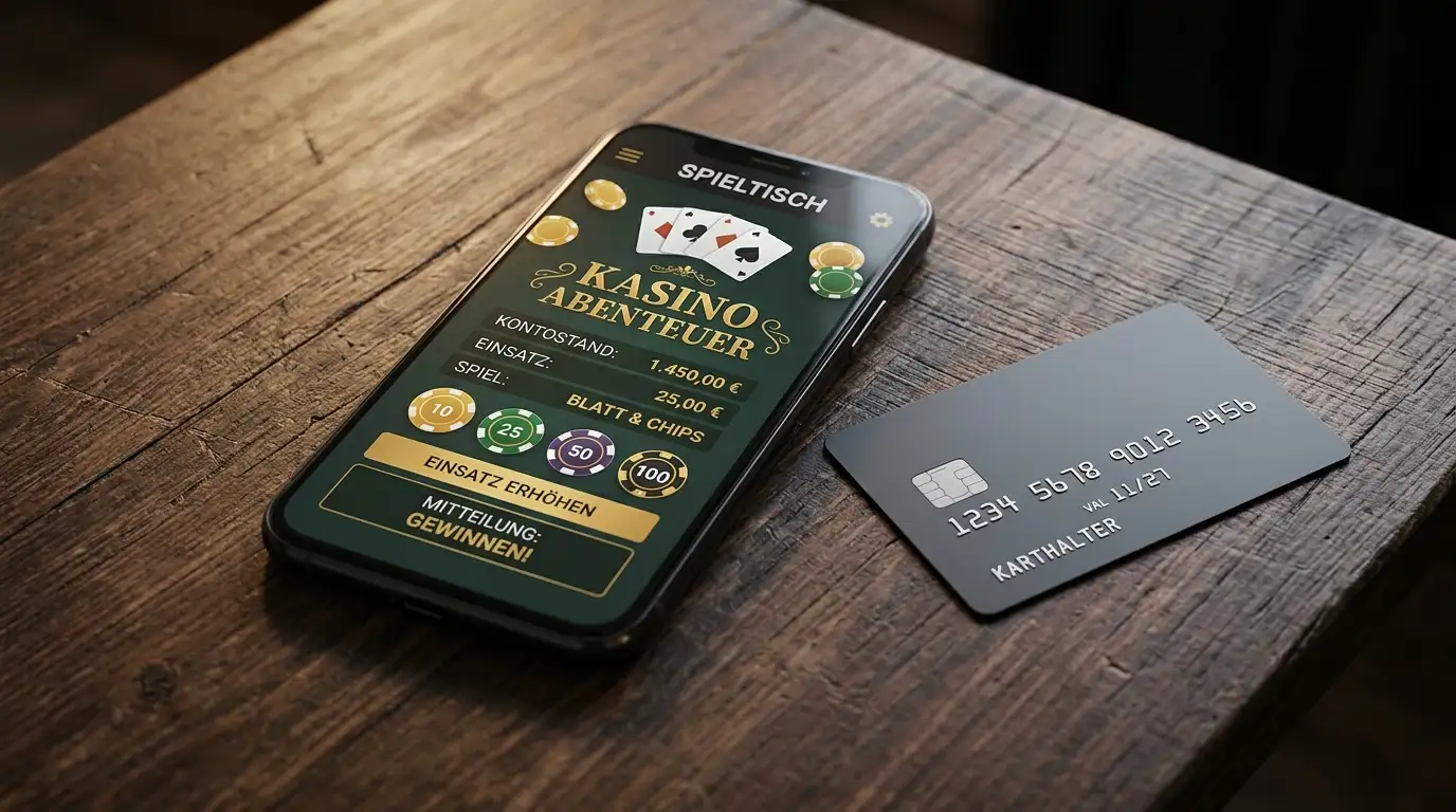 Smartphone mit geöffneter Casino-App und danebenliegende neutrale Zahlungskarte ohne Logo auf dem Tisch