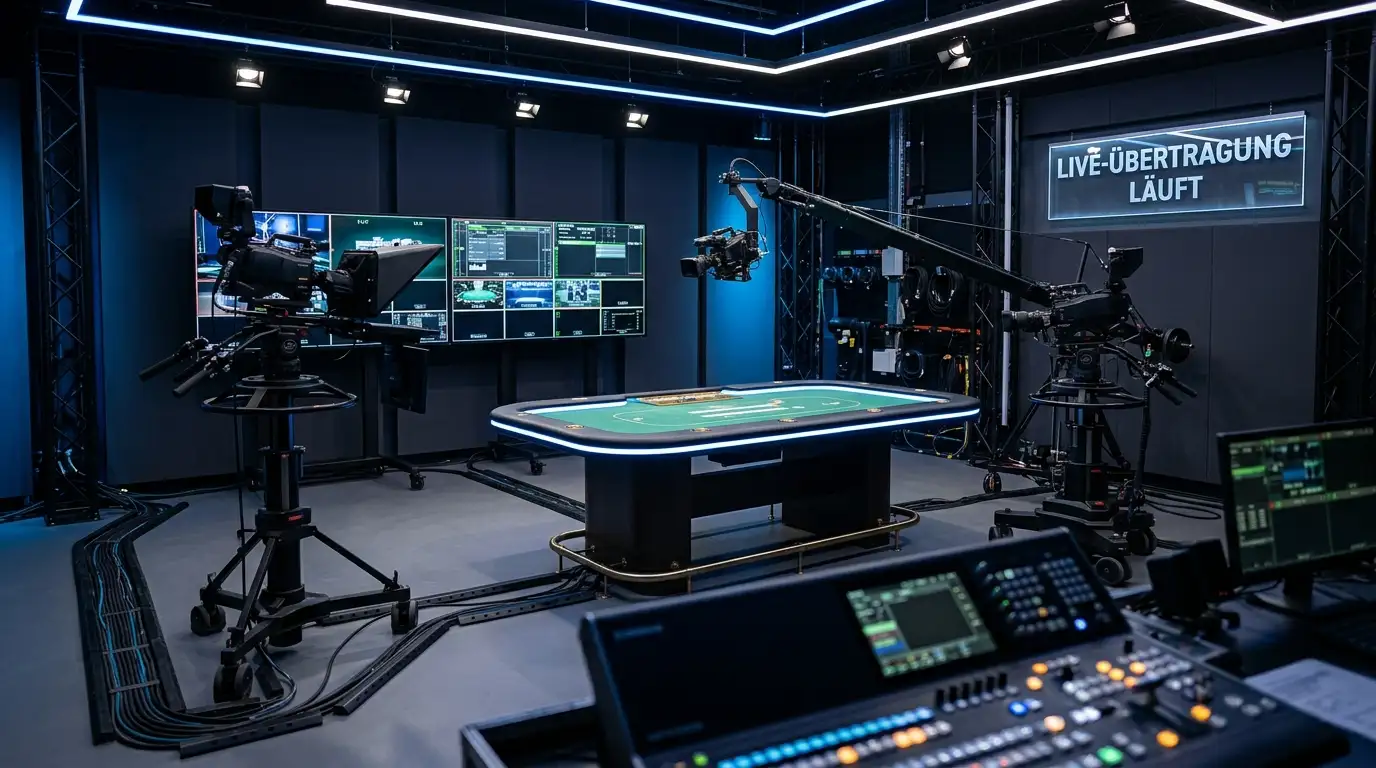 Professionelles Streaming-Studio mit mehreren Kameras und beleuchtetem Spieltisch