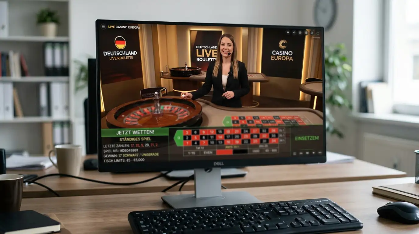 Live-Casino-Tisch mit Roulette-Rad und Croupier auf Monitor