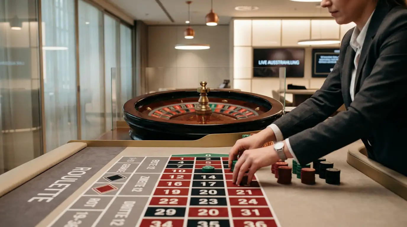 Live-Casino-Tisch mit Croupier und Roulette-Rad in professioneller Studio-Umgebung