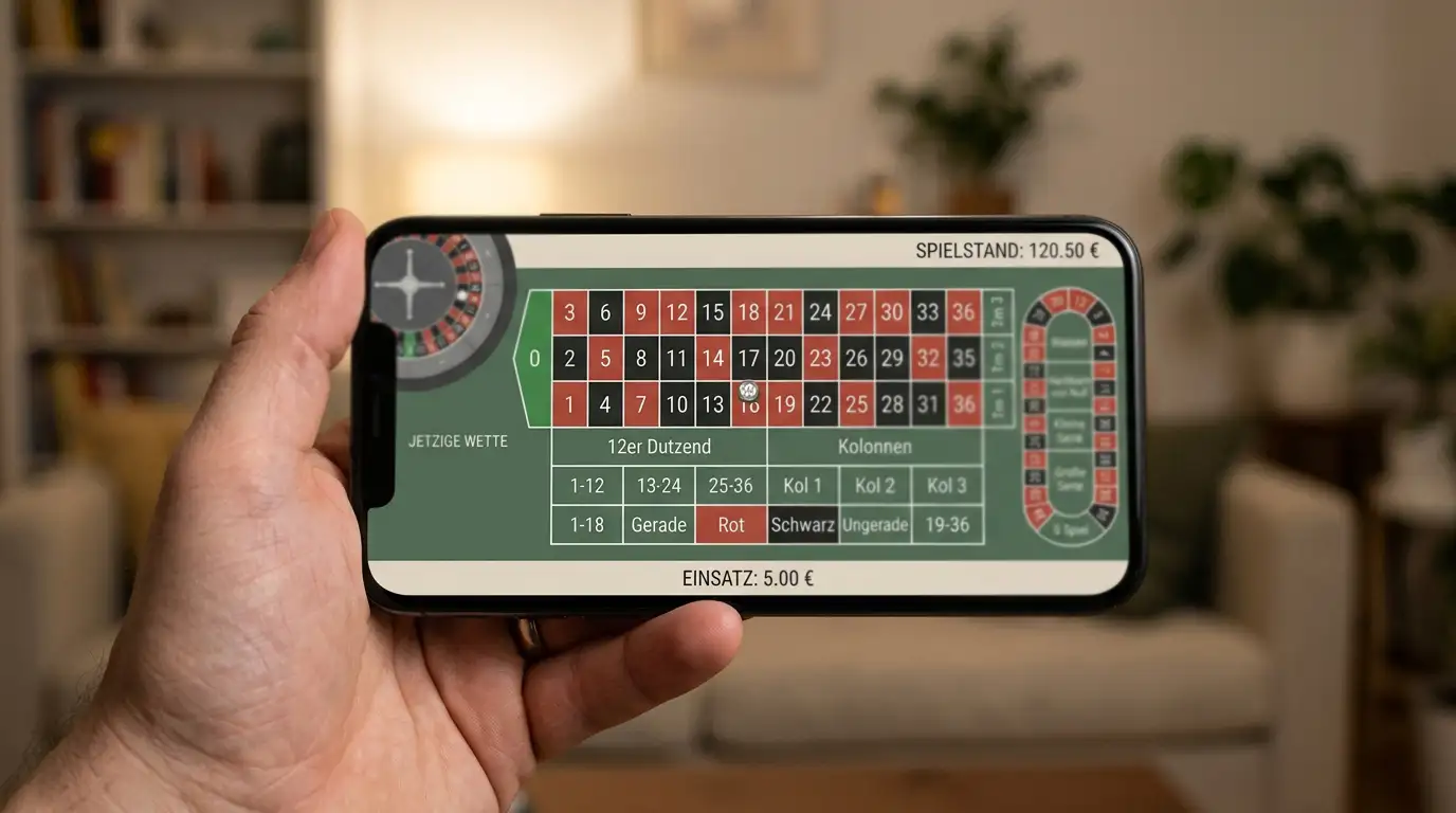 Smartphone mit horizontaler Casino-Lobby-Ansicht und neutralem Setzfeld ohne Marken